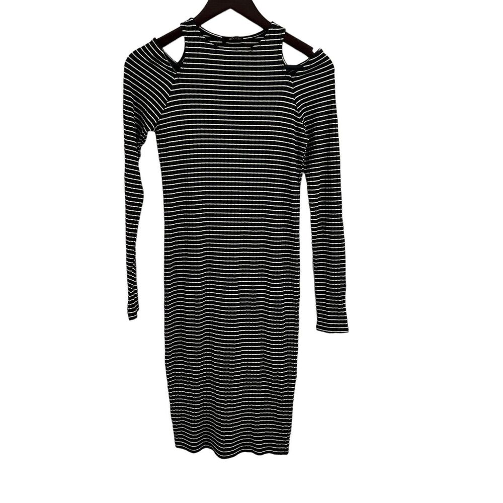 LAMade Black White Stripe‎ Bodycon Cold Shoulder Dress Small New